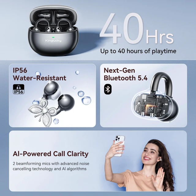 Alt view image 6 of 7 - Jewelry-Inspired Clip-On Earbuds with Butterfly Earrings, Comfortable Fit & 40H Playtime Open Ear Bluetooth 5.4 Wireless Headphones for Women, Small Ears, Sports & Workouts (Black)