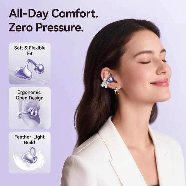 Alt view image 3 of 7 - ClipFree Open-Ear Headphones, Butterfly-Inspired Ear-Cuff Design, Stylish & Comfortable Clip-On Ear Buds, Wireless Earbuds for Women, Long Battery Life, Great for Gifting - Purple