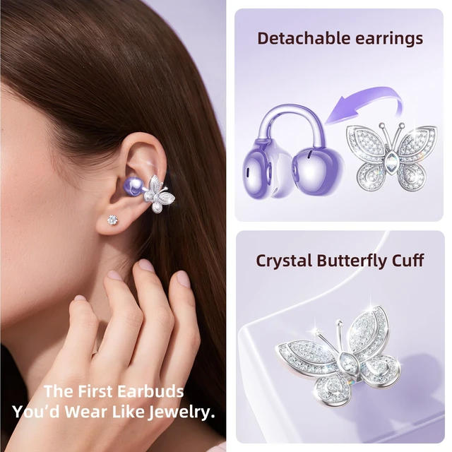 Alt view image 2 of 7 - ClipFree Open-Ear Headphones, Butterfly-Inspired Ear-Cuff Design, Stylish & Comfortable Clip-On Ear Buds, Wireless Earbuds for Women, Long Battery Life, Great for Gifting - Purple