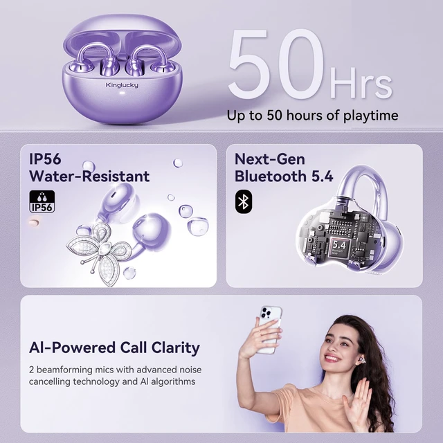 Alt view image 6 of 7 - ClipFree Open-Ear Headphones, Butterfly-Inspired Ear-Cuff Design, Stylish & Comfortable Clip-On Ear Buds, Wireless Earbuds for Women, Long Battery Life, Great for Gifting - Purple