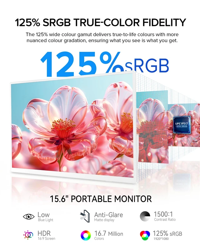 Alt view image 2 of 7 - Portable Monitor 15.6", 125% sRGB 1080P Laptop Monitor (White) Ultra-Slim Display, USB-C & MINI HDMI, 350 Nits, VESA & Case, Travel Small Second Screen for Computer, Mini PC, Game Consoles