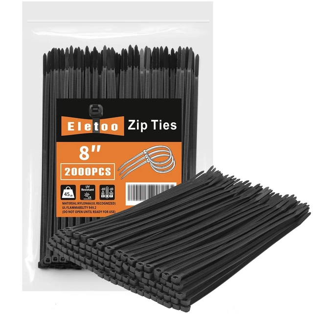 Main image of 8 Inch Black Zip Ties 2000 Pack Cable Ties 45 LBS UV Resistant Cable Ties, Weatherproof, Self-Locking for Indoor and Outdoor