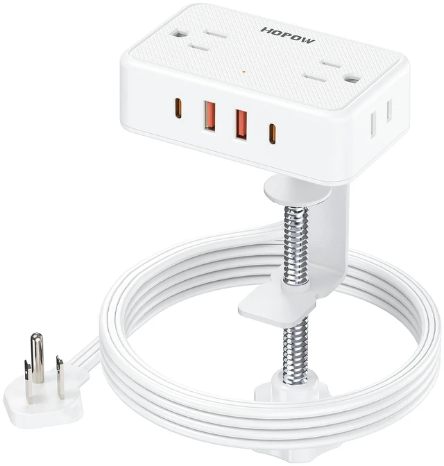 Main image of Desk Clamp Power Strip with 4 Outlets & 4USB, 6FT Extension Cord for Home Desktop Mount Charging Station, Fits 2.75" Tabletop Edge, Wide Spaced, 1625W/13A, Flat Plug, No Surge Protector, White