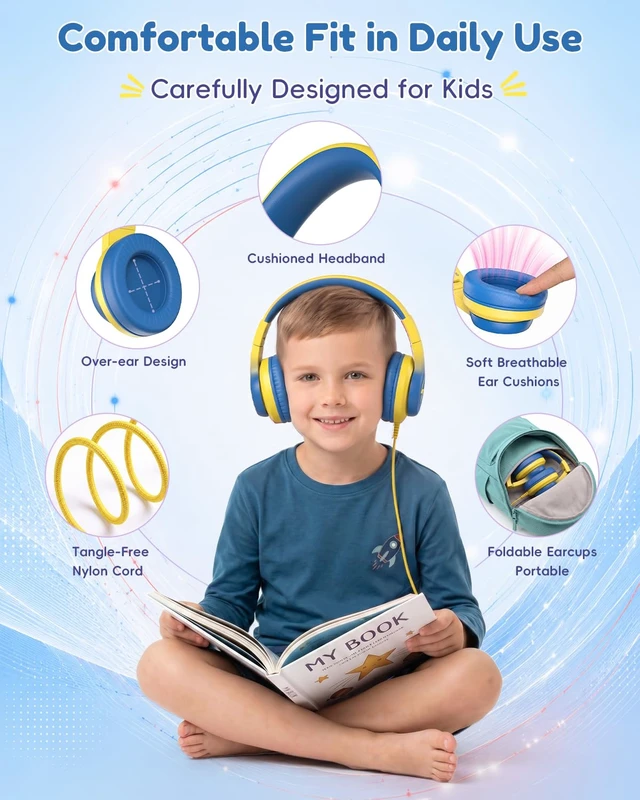 Alt view image 5 of 7 - USB C Kids Headphones for School,Wired Over-Ear for Boys Girls 85dB Volume Limited, HD Stereo Sound, Adjustable Fit, Soft Cushions, Foldable Design for Travel, iPad, Tablets, Light Yellow