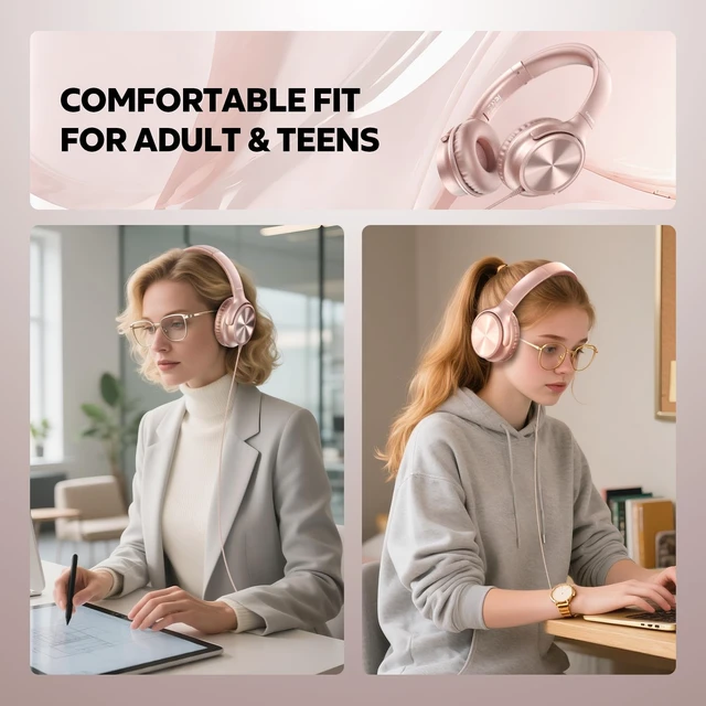 Alt view image 4 of 7 - USB C Headphones Wired, Over Ear USB C Wired Headphones with Microphone, Volume Control, HD Stereo Sound, Foldable USB Type C Headphone for Adult/Teens/Laptop/Computer/iPhone 15/16/17, Rose