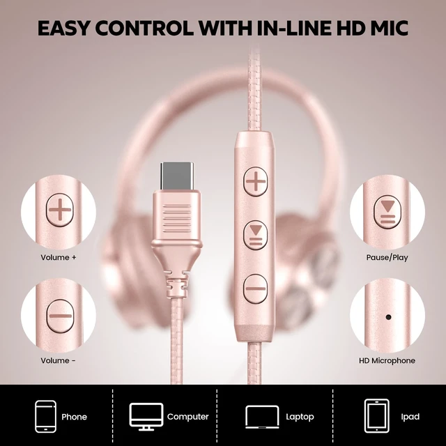 Alt view image 5 of 7 - USB C Headphones Wired, Over Ear USB C Wired Headphones with Microphone, Volume Control, HD Stereo Sound, Foldable USB Type C Headphone for Adult/Teens/Laptop/Computer/iPhone 15/16/17, Rose