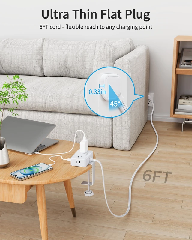 Alt view image 4 of 7 - Desk Clamp Power Strip with 4 Outlets & 4USB, 6FT Extension Cord for Home Desktop Mount Charging Station, Fits 2.75" Tabletop Edge, Wide Spaced, 1625W/13A, Flat Plug, No Surge Protector, White