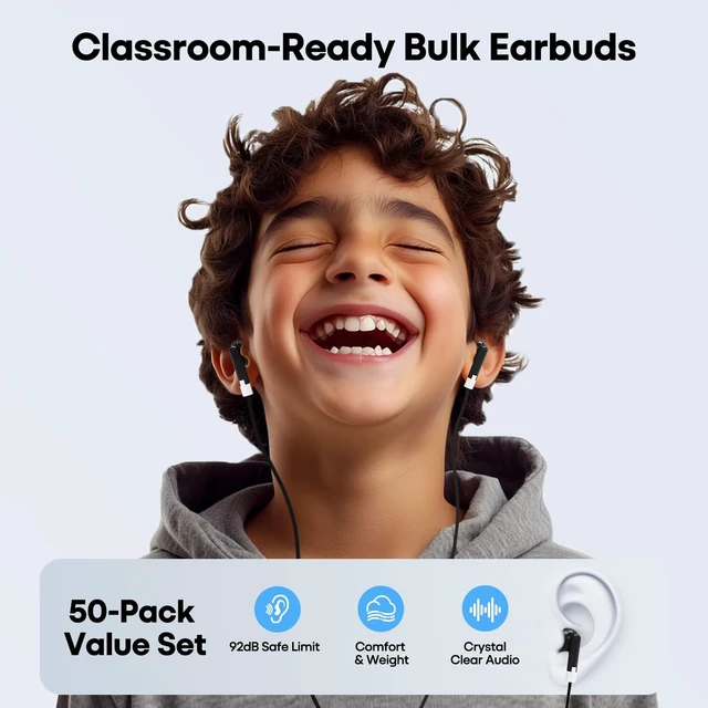 Alt view image 2 of 7 - 200-Pack Kids Bulk Earbuds for Classroom School, Individually Bagged Wired Headphones for Students, School Earphones for State Testing, Audiometer Exams, in-Ear for Computer Chromebook (Black)