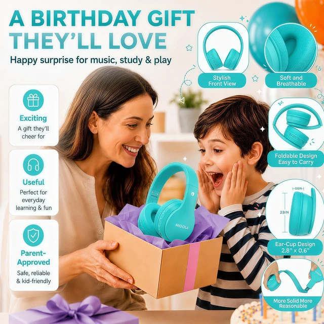 Alt view image 4 of 7 - Kids Bluetooth Headphones Wireless 68 Hours,Safe Volume Limit 85/94dB Adjustable Headband Foldable Over-Ear Lightweight Headsets for Toddler Girls Boys Tablet/iPad,HD Stereo,Built-in Mic,Cyan