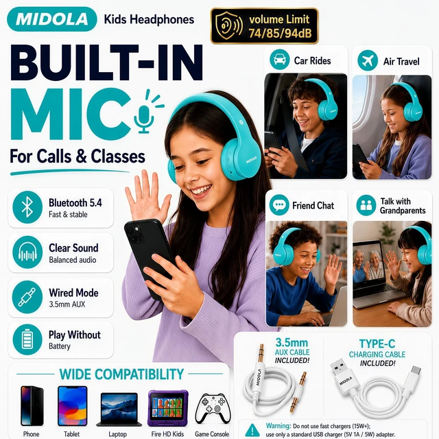 Alt view image 6 of 7 - Kids Bluetooth Headphones Wireless 68 Hours,Safe Volume Limit 85/94dB Adjustable Headband Foldable Over-Ear Lightweight Headsets for Toddler Girls Boys Tablet/iPad,HD Stereo,Built-in Mic,Cyan