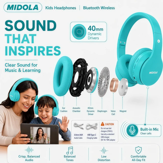 Alt view image 7 of 7 - Kids Bluetooth Headphones Wireless 68 Hours,Safe Volume Limit 85/94dB Adjustable Headband Foldable Over-Ear Lightweight Headsets for Toddler Girls Boys Tablet/iPad,HD Stereo,Built-in Mic,Cyan