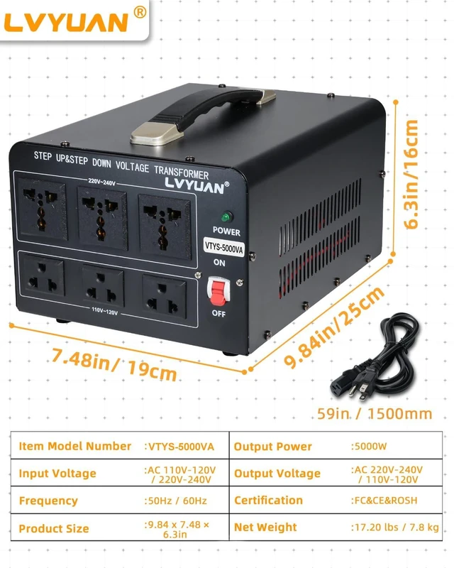 Alt view image 7 of 7 - 5000 Watt Voltage Converter Transformer Heavy Duty Step Up/Down AC 110V/120V/220V/240V Power Converter with 3 US Outlets, 3 Universal Outlets, Resettable Circuit Breaker Protection