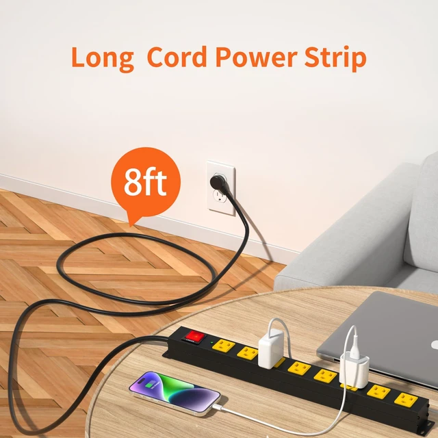 Alt view image 7 of 7 - 8 Outlet Power Strip 2100J Surge Protector, 8FT Heavy Duty Extension Cord Wide Spaced Outlet and Wall Mount Metal Powerstrip for Home Office Garage Workshop