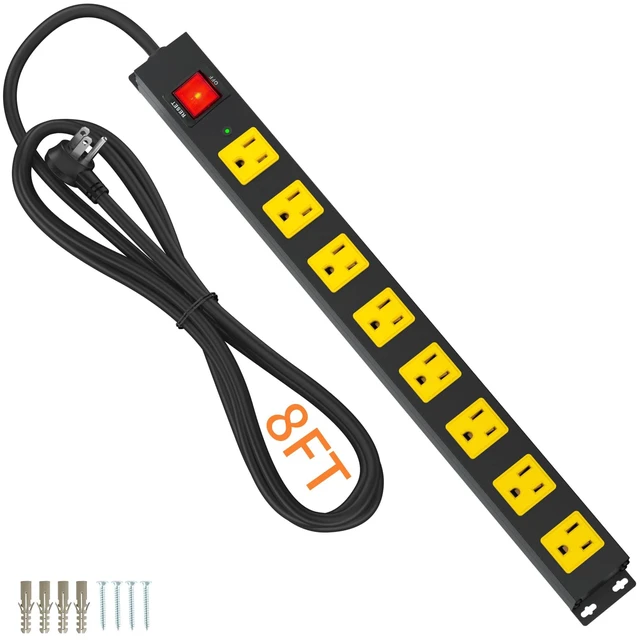 Main image of 8 Outlet Power Strip 2100J Surge Protector, 8FT Heavy Duty Extension Cord Wide Spaced Outlet and Wall Mount Metal Powerstrip for Home Office Garage Workshop
