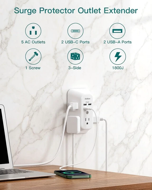 Alt view image 2 of 7 - 5-Outlet Extender Surge Protector, Multi Plug Wall Outlet with 4 USB Wall Charger(PD 20W), Outlet Splitter Power Strip for Home Office Dorm Room Essentials, Plug Extension Outlet 1800J