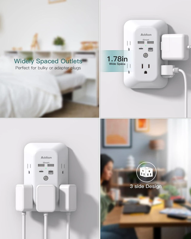 Alt view image 5 of 7 - Surge Protector Outlet Extender, Plug Extension Outlet with Night Light, 5-Outlet Splitter and 4 USB Ports(PD 20W), Multi Plug Wall Outlet for Home Office Dorm Room Essentials