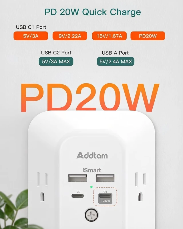 Alt view image 3 of 7 - 5-Outlet Extender Surge Protector, Multi Plug Wall Outlet with 4 USB Wall Charger(PD 20W), Outlet Splitter Power Strip for Home Office Dorm Room Essentials, Plug Extension Outlet 1800J