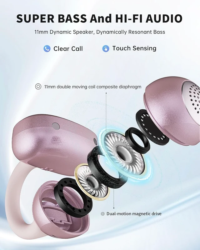 Alt view image 5 of 7 - Open Ear Earbuds, Clip On Headphones Wireless Earbuds for Running Workout Secure Fit, Rich Bass, Hi-Res Audio, Clear Calls, Bluetooth 6.0, Multipoint Connection, IPX5 Waterproof, 40H Playtime