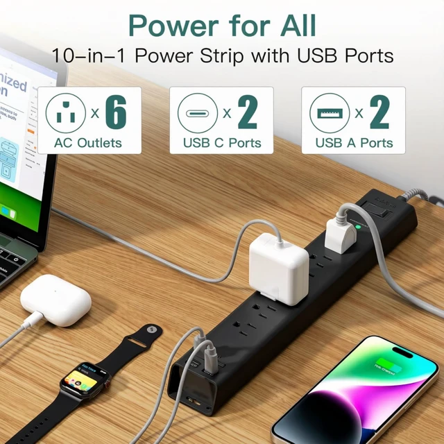 Alt view image 2 of 6 - 15Ft Power Strip Surge Protector with 6 Outlets and 4 USB Ports (2 USB-C) 15FT Long Extension Cord, 900J, Flat Plug Multi Outlet Extension Cord for Home, Office, Garage and Workshop