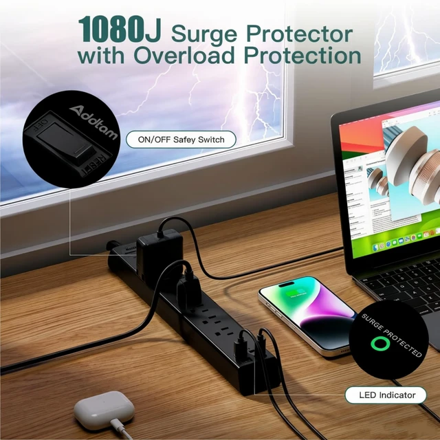 Alt view image 3 of 6 - 15Ft Power Strip Surge Protector with 6 Outlets and 4 USB Ports (2 USB-C) 15FT Long Extension Cord, 900J, Flat Plug Multi Outlet Extension Cord for Home, Office, Garage and Workshop