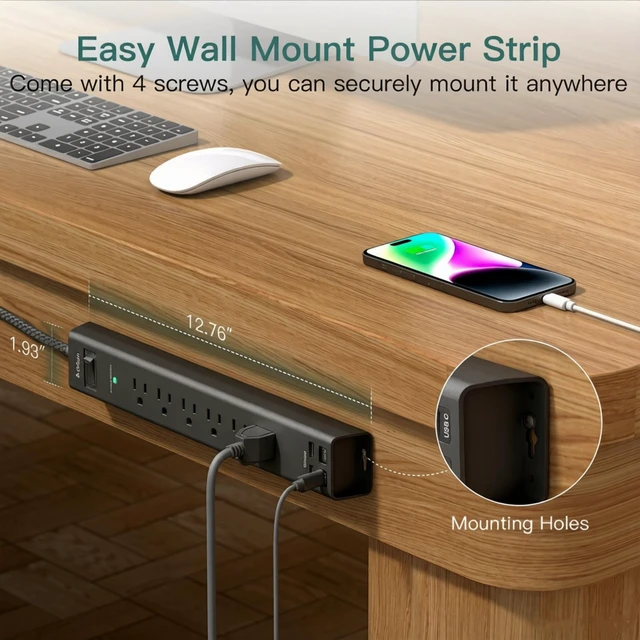 Alt view image 5 of 6 - 15Ft Power Strip Surge Protector with 6 Outlets and 4 USB Ports (2 USB-C) 15FT Long Extension Cord, 900J, Flat Plug Multi Outlet Extension Cord for Home, Office, Garage and Workshop