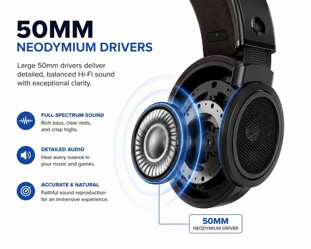 Alt view image 3 of 6 - Open-Back Stereo Headphones, 50mm Neodymium Drivers, Hi-Fi Studio Monitor Headphones with Wide Soundstage, Over-Ear Audiophile Professional Grade, for Music, Podcasts & Home Listening