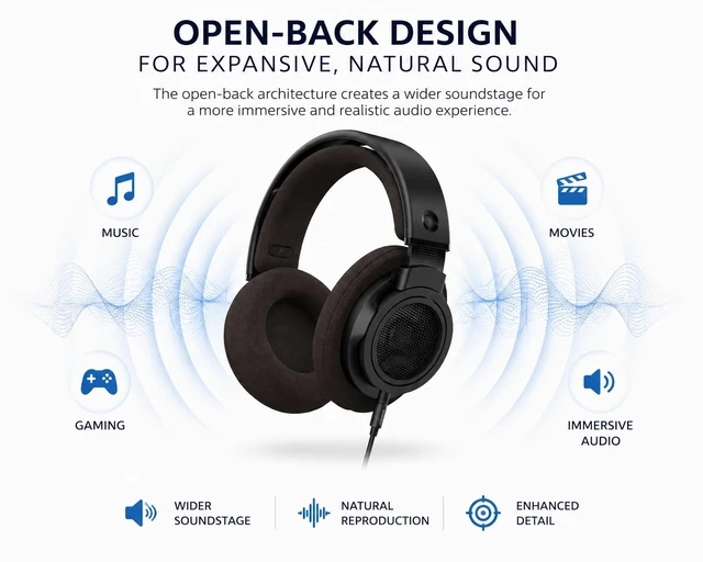 Alt view image 4 of 6 - Open-Back Stereo Headphones, 50mm Neodymium Drivers, Hi-Fi Studio Monitor Headphones with Wide Soundstage, Over-Ear Audiophile Professional Grade, for Music, Podcasts & Home Listening
