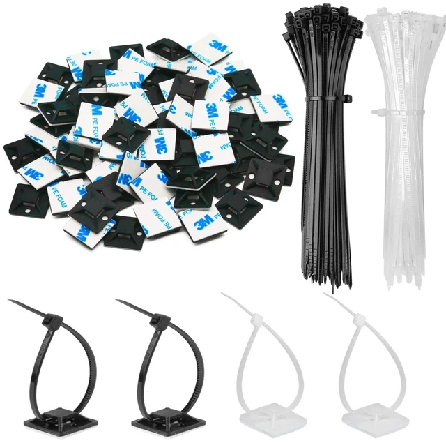 Main image of 200 Pack 3/4" Zip Tie Adhesive Mounts Self Adhesive Cable Tie Base Holders with Multi-Purpose Tie wire clips with screw hole,Anchor stick on wire holder with White and Black