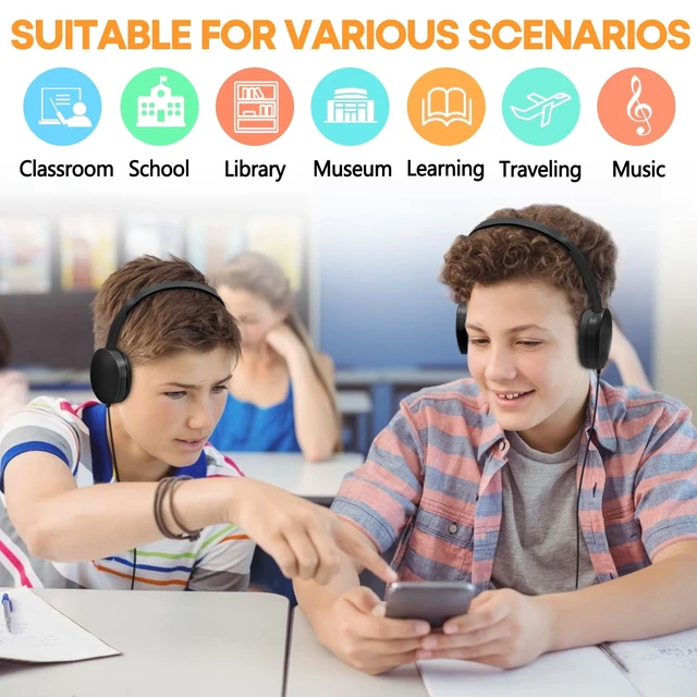 Alt view image 6 of 7 - Classroom Headphones Bulk 100 Pack for School Kids K-12,Wholesale Durable Earphones Class Set for Students Children Teens Adults, Airplane and Hospiital (HY104,Black)