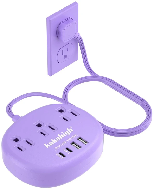 Main image of Purple Extension Cord with USB C - 5 FT Flat Power Strip 1625W Cute Extension Cord with 3 AC Outlet 4 USB (24W/4.8A), Compact for Cute Purple Kawaii Lavender Accessories