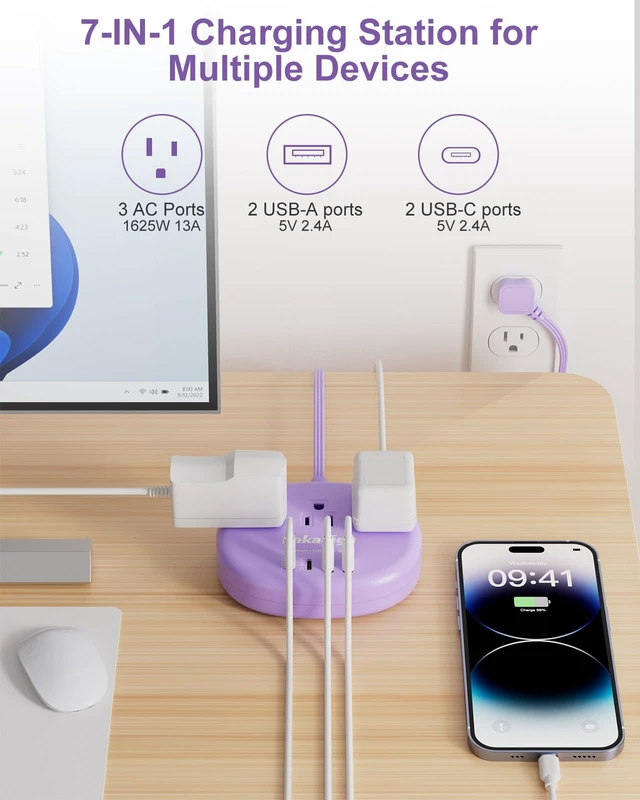 Alt view image 5 of 7 - Purple Extension Cord with USB C - 5 FT Flat Power Strip 1625W Cute Extension Cord with 3 AC Outlet 4 USB (24W/4.8A), Compact for Cute Purple Kawaii Lavender Accessories
