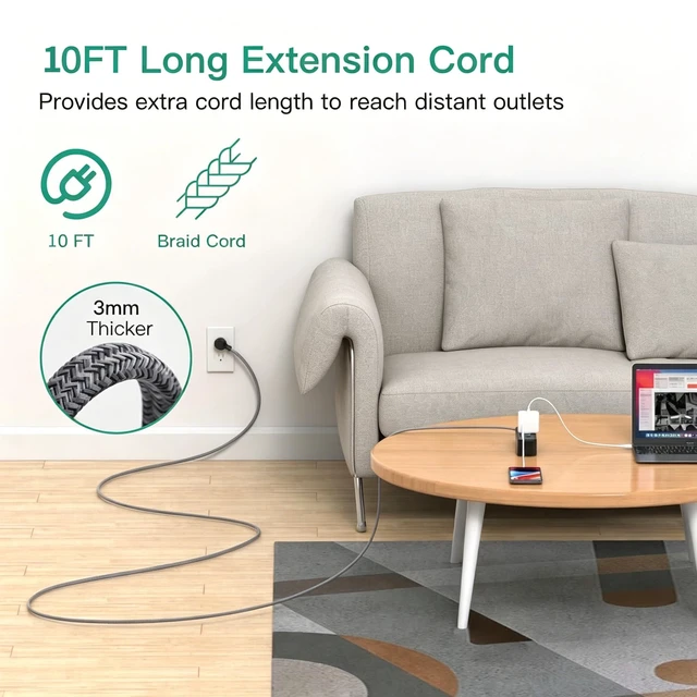 Alt view image 3 of 7 - 10FT Power Strip, 13-in-1 Long Extension Cord with Multiple Outlets with 9 Wide Spaced Outlets and 4 USB Ports, Flat Plug Wall Mount Charging Station for College Dorm Room Essentials, Office, Black