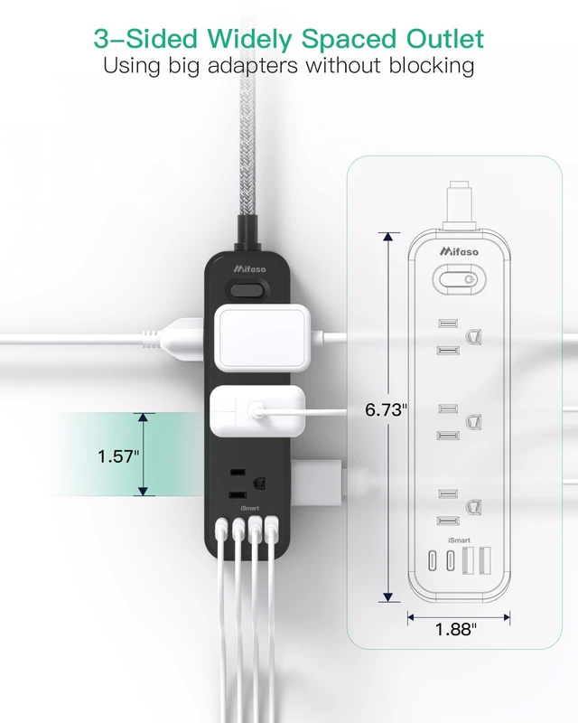 Alt view image 6 of 7 - 10FT Power Strip, 13-in-1 Long Extension Cord with Multiple Outlets with 9 Wide Spaced Outlets and 4 USB Ports, Flat Plug Wall Mount Charging Station for College Dorm Room Essentials, Office, Black