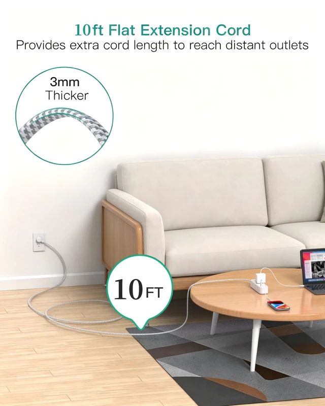 Alt view image 2 of 7 - 10FT Power Strip, 13-in-1 Long Extension Cord with Multiple Outlets with 9 Wide Spaced Outlets and 4 USB Ports, Flat Plug Wall Mount Charging Station for College Dorm Room Essentials, Office, White