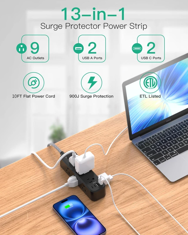 Alt view image 2 of 7 - 10FT Power Strip, 13-in-1 Long Extension Cord with Multiple Outlets with 9 Wide Spaced Outlets and 4 USB Ports, Flat Plug Wall Mount Charging Station for College Dorm Room Essentials, Office, Black