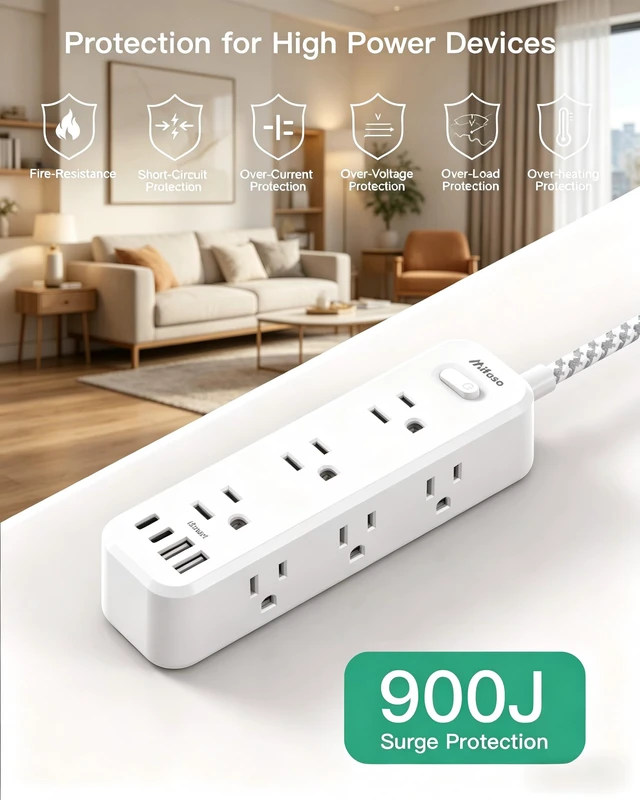 Alt view image 5 of 7 - 10FT Power Strip, 13-in-1 Long Extension Cord with Multiple Outlets with 9 Wide Spaced Outlets and 4 USB Ports, Flat Plug Wall Mount Charging Station for College Dorm Room Essentials, Office, White