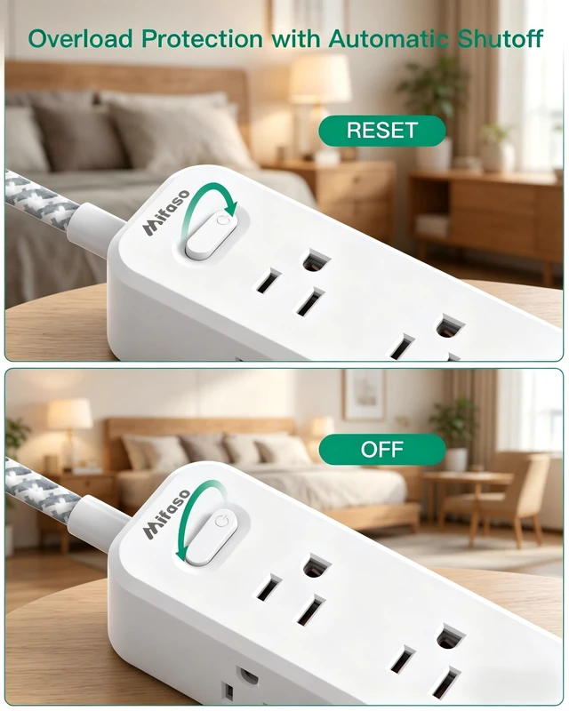 Alt view image 7 of 7 - 10FT Power Strip, 13-in-1 Long Extension Cord with Multiple Outlets with 9 Wide Spaced Outlets and 4 USB Ports, Flat Plug Wall Mount Charging Station for College Dorm Room Essentials, Office, White