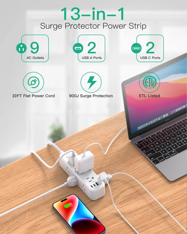 Alt view image 3 of 7 - 10FT Power Strip, 13-in-1 Long Extension Cord with Multiple Outlets with 9 Wide Spaced Outlets and 4 USB Ports, Flat Plug Wall Mount Charging Station for College Dorm Room Essentials, Office, White