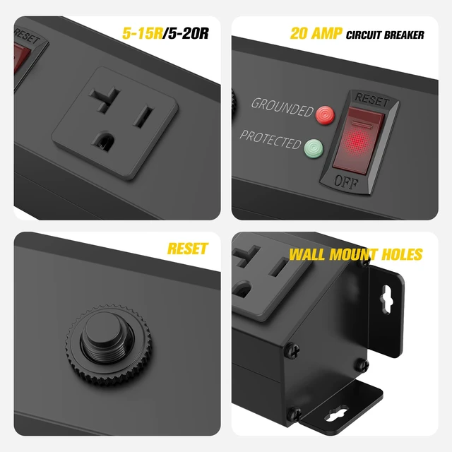 Alt view image 6 of 7 - 16 Outlet Long Power Strip, 12 Gauge Extension Cord. Black, 10FT. Heavy Duty, Surge Protector, High Amp, Wide Spaced Multiple Outlets for Home, Office, Garage, Workshop, ETL Listed