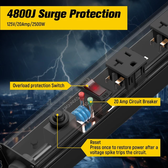 Alt view image 3 of 7 - 16 Outlet Long Power Strip, 12 Gauge Extension Cord. Black, 10FT. Heavy Duty, Surge Protector, High Amp, Wide Spaced Multiple Outlets for Home, Office, Garage, Workshop, ETL Listed
