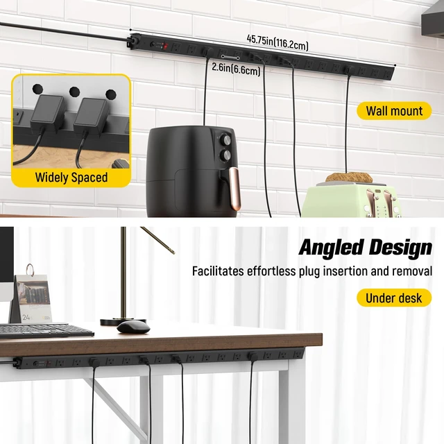 Alt view image 4 of 7 - 16 Outlet Long Power Strip, 12 Gauge Extension Cord. Black, 10FT. Heavy Duty, Surge Protector, High Amp, Wide Spaced Multiple Outlets for Home, Office, Garage, Workshop, ETL Listed