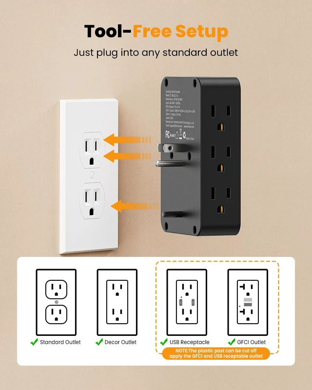 Alt view image 7 of 7 - Multi Plug Wall Outlet,6 AC Side Outlets,20W USB C Outlet Extender Wall Plug Side Access for Behind Couches Nightstands Desks TV,3-Sided Flat Outlet Extender with 4 Cable Clips,Black