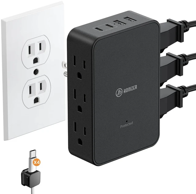 Main image of Multi Plug Wall Outlet,6 AC Side Outlets,20W USB C Outlet Extender Wall Plug Side Access for Behind Couches Nightstands Desks TV,3-Sided Flat Outlet Extender with 4 Cable Clips,Black