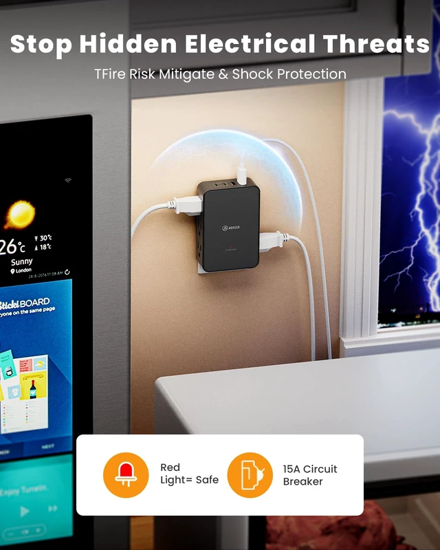 Alt view image 5 of 7 - Multi Plug Wall Outlet,6 AC Side Outlets,20W USB C Outlet Extender Wall Plug Side Access for Behind Couches Nightstands Desks TV,3-Sided Flat Outlet Extender with 4 Cable Clips,Black