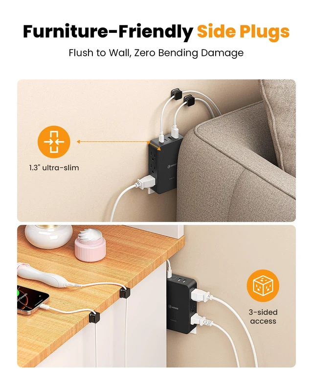 Alt view image 2 of 7 - Multi Plug Wall Outlet,6 AC Side Outlets,20W USB C Outlet Extender Wall Plug Side Access for Behind Couches Nightstands Desks TV,3-Sided Flat Outlet Extender with 4 Cable Clips,Black