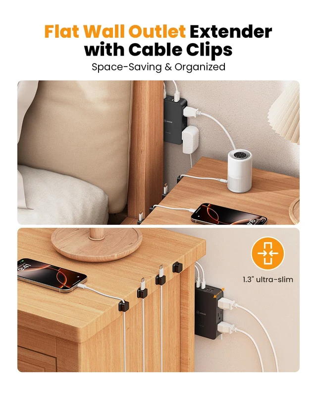 Alt view image 6 of 7 - Multi Plug Wall Outlet,6 AC Side Outlets,20W USB C Outlet Extender Wall Plug Side Access for Behind Couches Nightstands Desks TV,3-Sided Flat Outlet Extender with 4 Cable Clips,Black