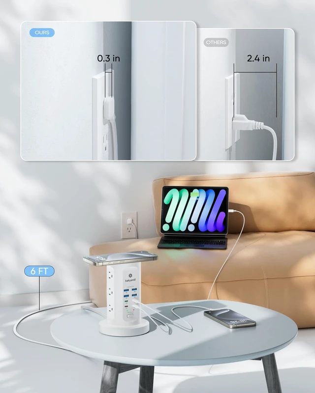 Alt view image 7 of 7 - 115W USB Charging Station, Power Strip Tower with 9 AC 8 USB 6Ft Flat Plug Retractable Extension Cord, for Home Office Dorm, White