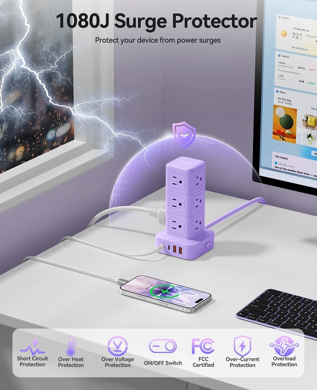 Alt view image 3 of 7 - Power Strip Tower with Multiple Outlets, Tower Extension Cord with 12 AC Outlets 4 USB Ports (2 USB C), Space Saving Design, 5FT Cord Power Tower for Home, Office, Dorm - TPP20
