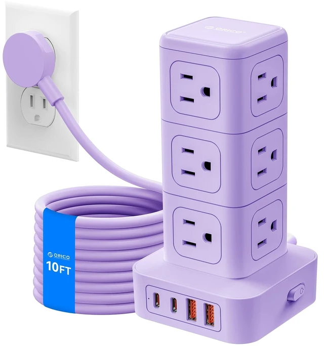Main image of 10FT Extension Cord with 12 AC Outlets 4 USB, Surge Protetctor Power Power Strip Tower, Outlet Extender, 20W Fast Charge Desk Accessories for Home Office Dorm