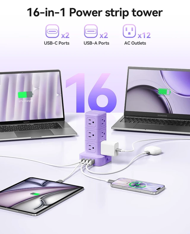 Alt view image 3 of 7 - 10FT Extension Cord with 12 AC Outlets 4 USB, Surge Protetctor Power Power Strip Tower, Outlet Extender, 20W Fast Charge Desk Accessories for Home Office Dorm